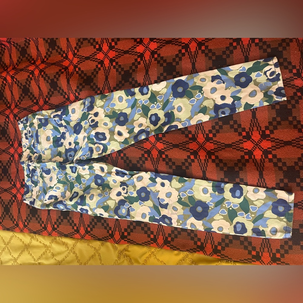 ModCloth 70s Style Green and Blue Floral Cotton Blend Skinny Pants